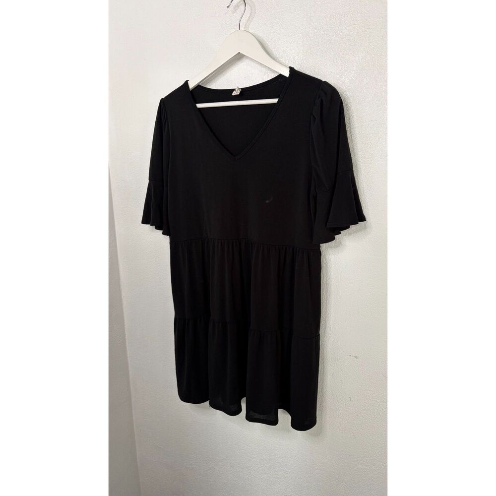 Beeson River Tiered Babydoll Dress M Black V-Neck Bell Sleeve Swing Mini